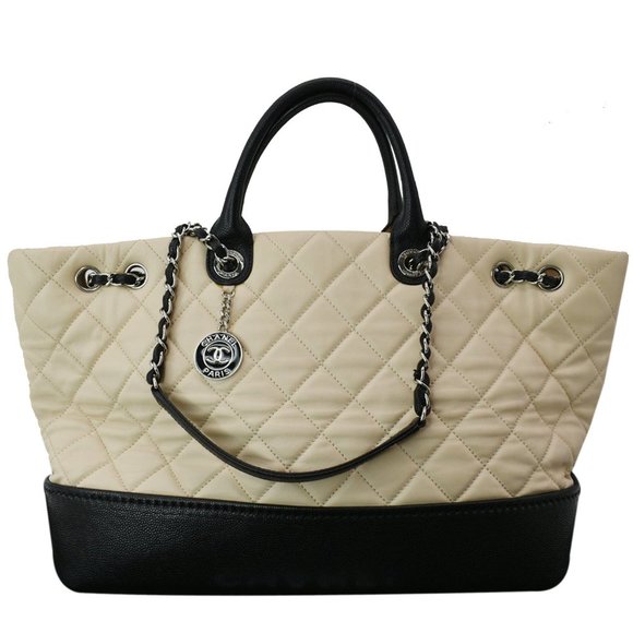 CHANEL  Drawstring Large Quilted Calfskin & Caviar Shopping Tote Bag Beige - Picture 1 of 11